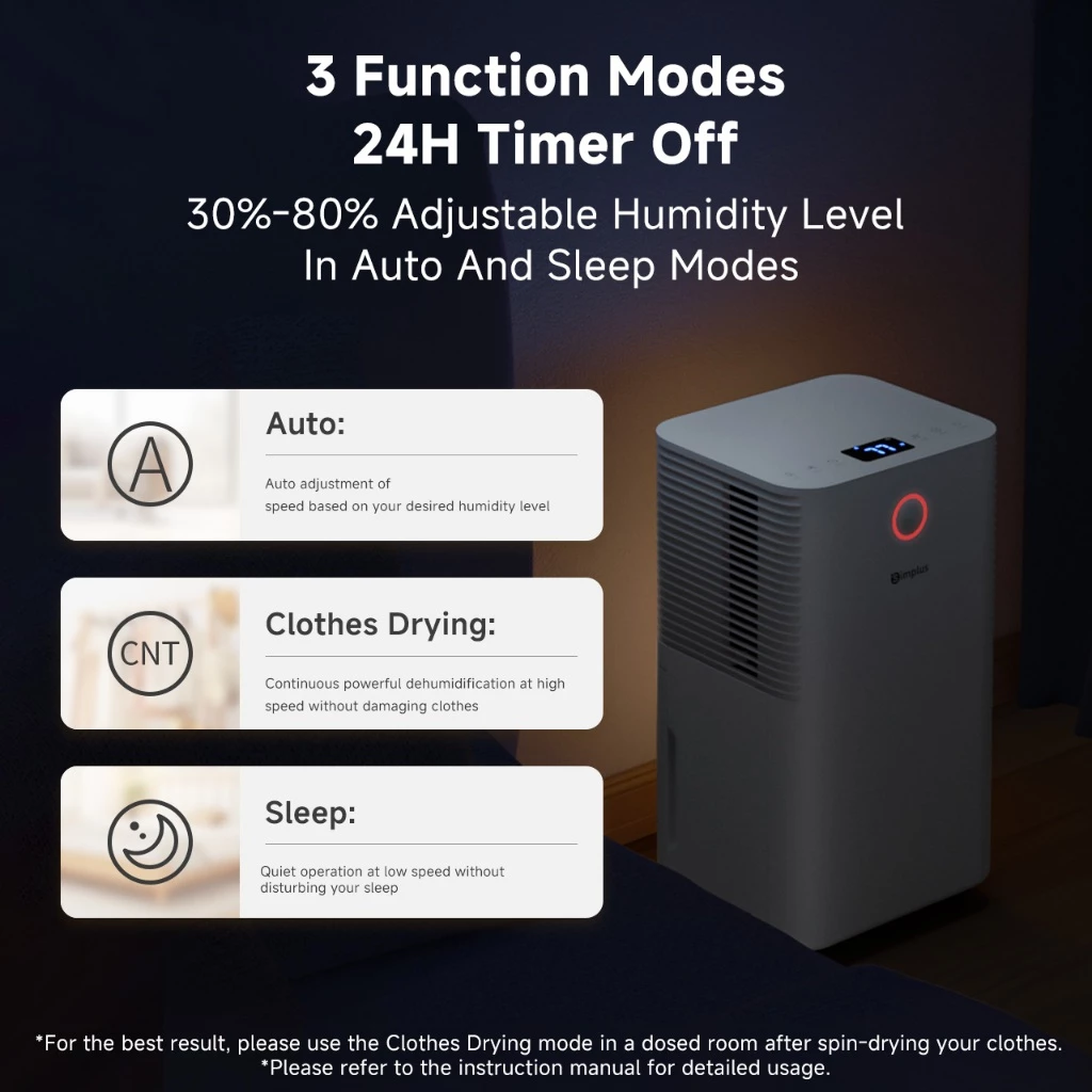 Simplus Dehumidifier | 12L/Day | 2L Water Tank | 3 Modes | Clothes Drying | Touch Operation | LiteDry C6 CUSH006 - Image 9